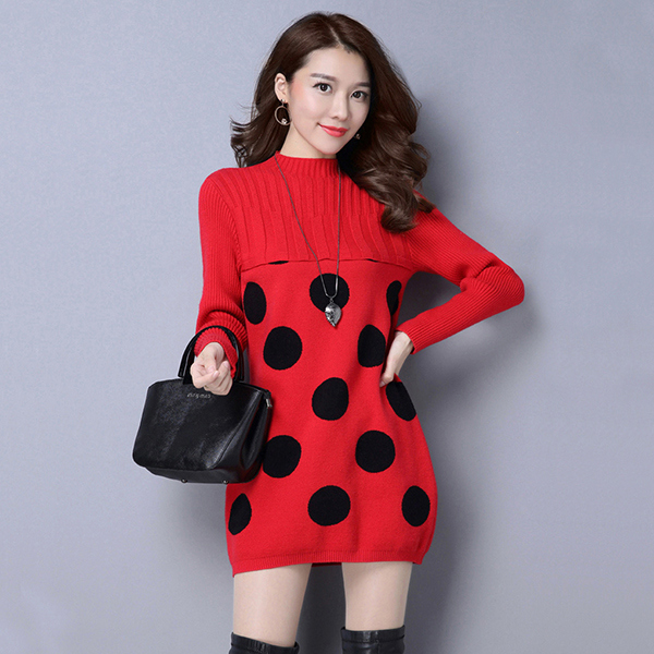 เดรสไหมพรมคอเต่า แขนยาว ถักลายวงกลม (12220B)