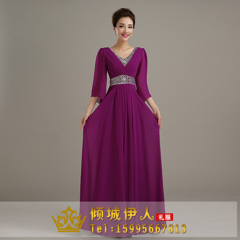 Pre-order ชุดราตรียาว แขนยาว ผ้าชีฟอง คอวี แต่งเลื่อม ซิปหลัง มีไซส์ใหญ่ S-5XL