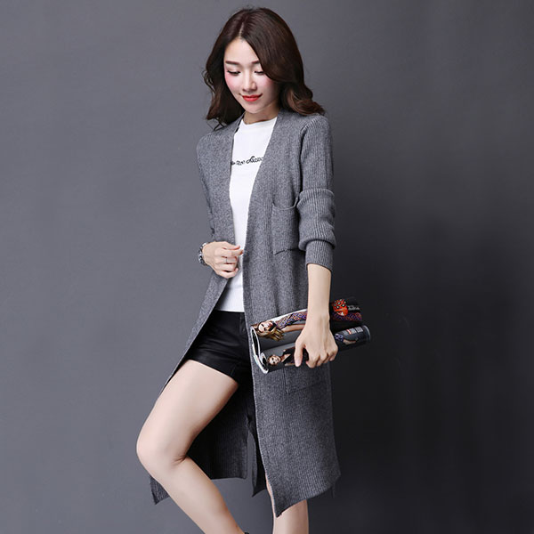 เสื้อคลุมกันหนาวตัวยาว ผ้าไหมพรมกึ่งวูลหนานุ่ม แต่งกระเป๋าคู่ (11657B)