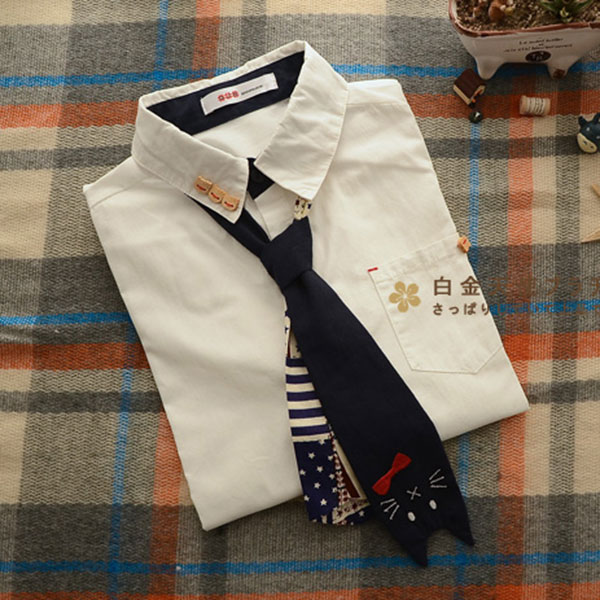 เสื้อเชิ้ตแฟชั่นญี่ปุ่น แขนยาว แต่งเนคไทปักลายแมว (12091LM)