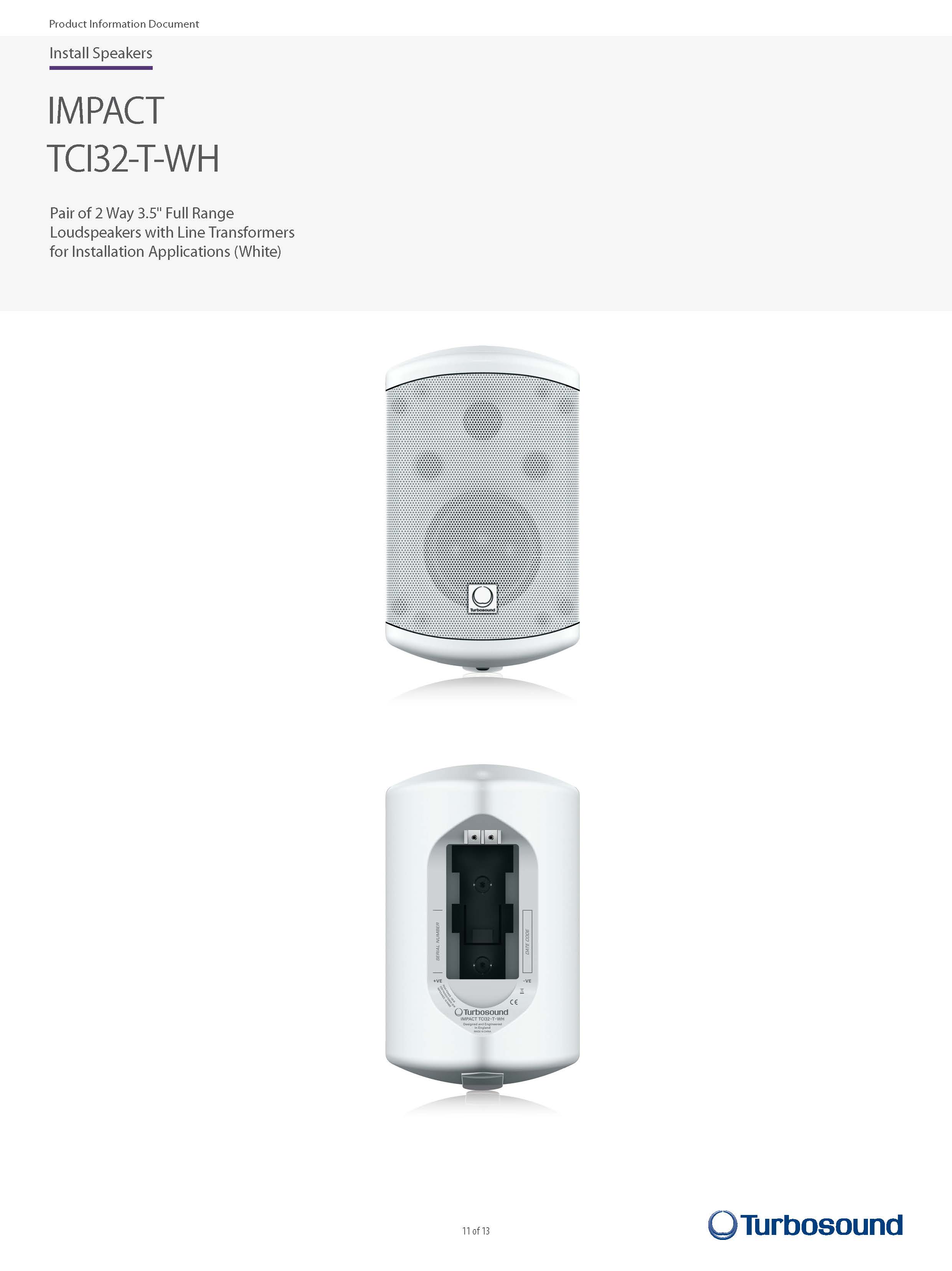 TURBOSOUND TCI32-T-WH ตู้ลำโพงติดผนัง ขนาด 3.5 นิ้ว 2 ทาง 120 วัตต์