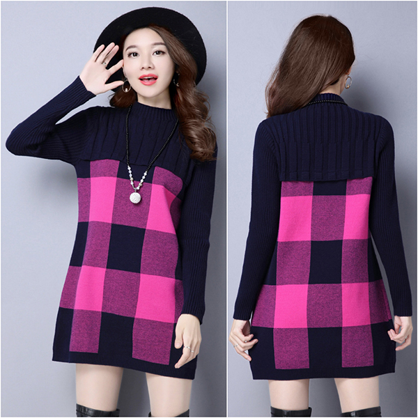 เดรสไหมพรมคอเต่า แขนยาว ถักลายตาราง (12219B)