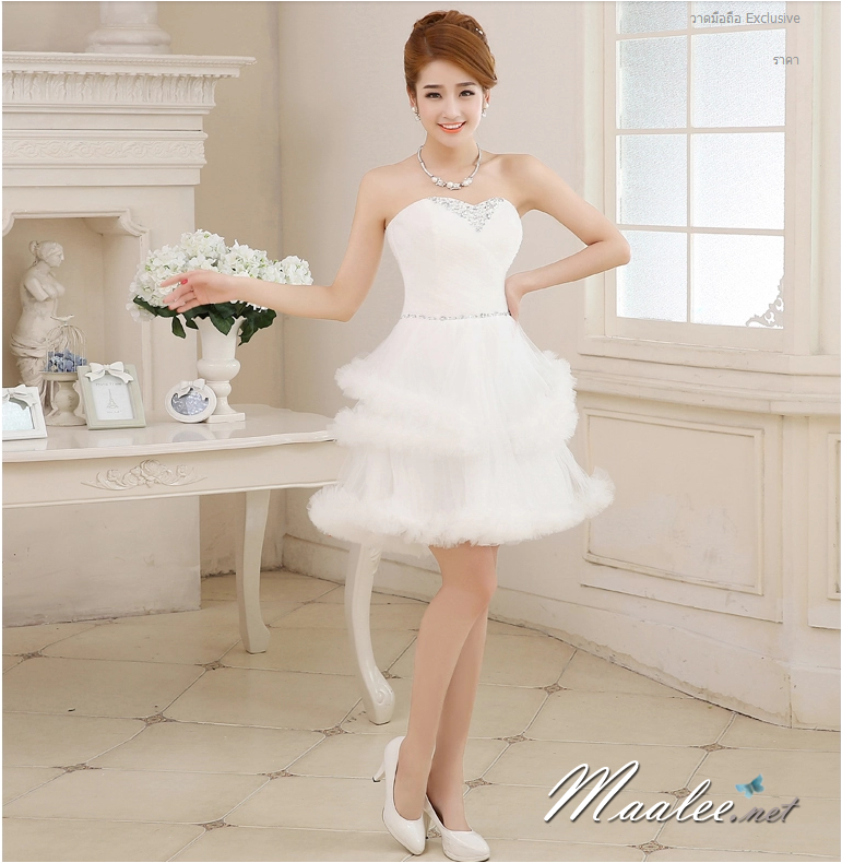 พร้อมเช่า ชุดแฟนซี ชุดราตรีสั้น สีขาว เกาะอก กระโปรงเป็นชั้น ๆ