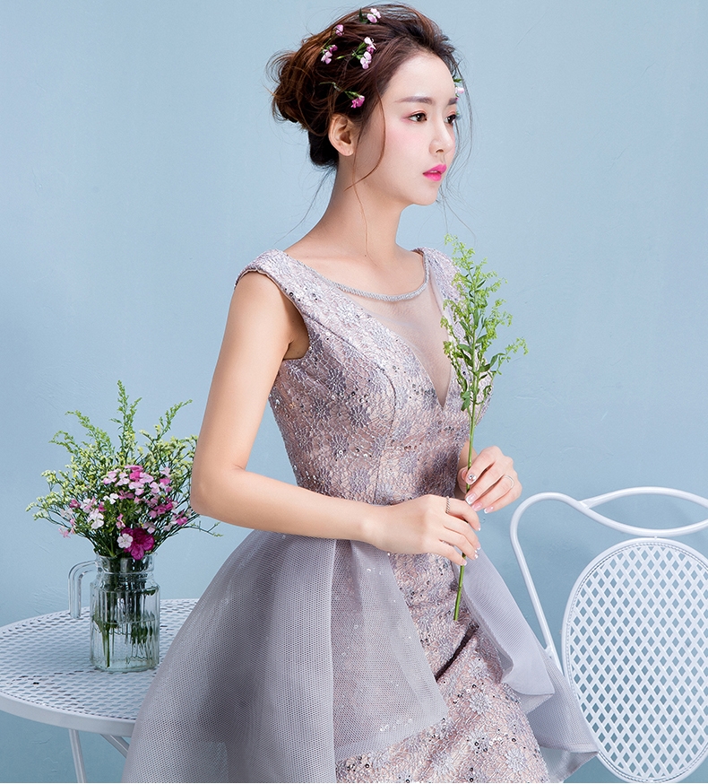 Pre-order ชุดราตรีสั้น แขนกุด คอวี ซีทรู เซ็กซี่ แต่งเลื่อมทั้งชุด แต่งผ้าตาข่ายระบาย เชือกผูกหลัง