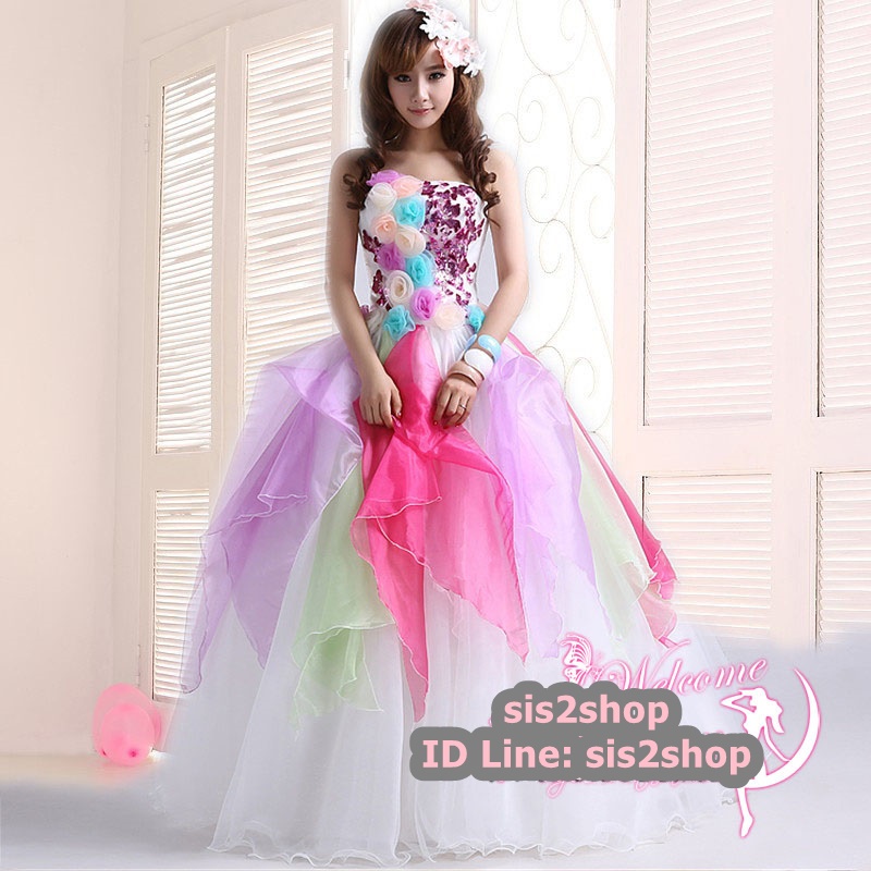 พร้อมเช่า ชุดแฟนซี ชุดราตรียาว เกาะอก แต่งอกช่วงบน กระโปรงเป็นชั้น ๆ พองสวย