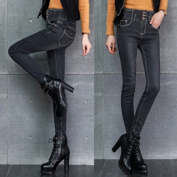 กางเกงยีนส์กันหนาว เอวสูง ทรงสลิม ซับกำมะหยี่ใส่ติดลบได้ (12339X)