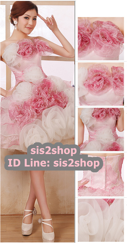พร้อมเช่า ชุดแฟนซี ชุดราตรีสั้น เกาะอก ผ้าแก้ว แต่งดอกไม้สามมิติ สีขาว+แดง ซิปหลัง