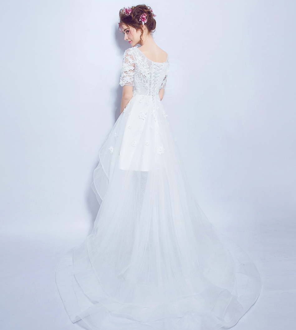 Pre-order ชุดแฟนซี ชุดเจ้าสาว ชุดราตรี หน้าสั้นหลังยาว แขนสั้น แต่งผ้าลูกไม้ สวยหรู เชือกผูกหลัง