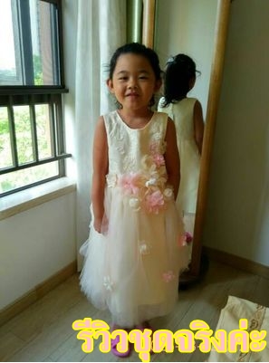 Pre-order ชุดราตรีเด็ก ชุดออกงาน ชุดกระโปรง สไตล์เจ้าหญิง แขนกุด แต่งดอกไม้สามมิติทั้งชุด มีซิปหลัง