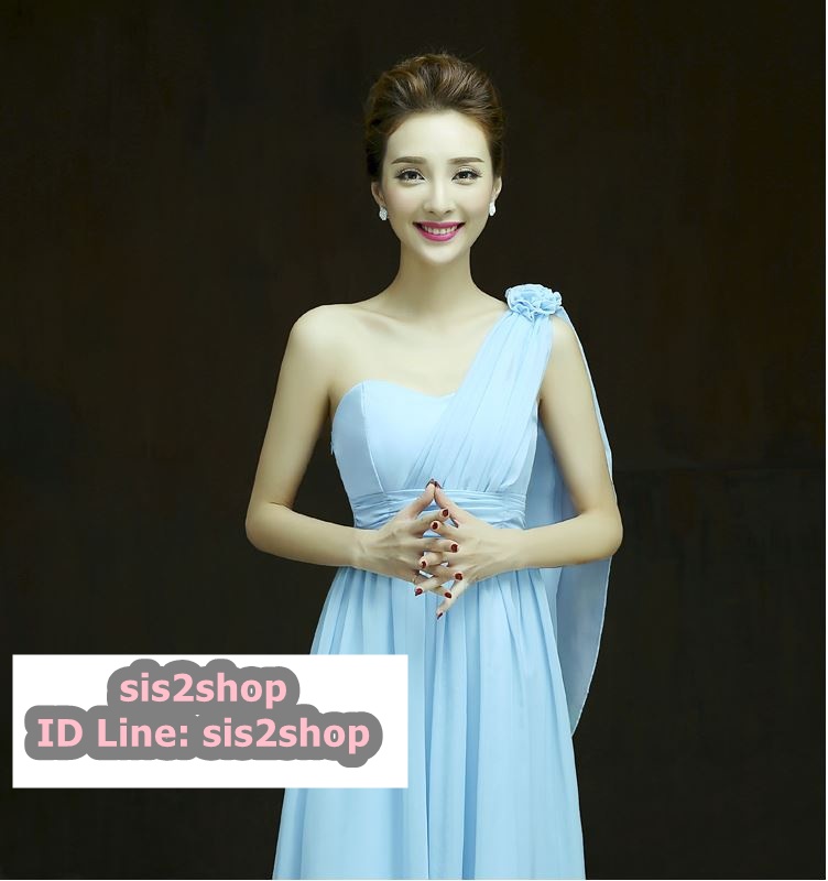 พร้อมส่ง ชุดเดรสยาว เกาะอก ไหล่เดียว จับสม๊อกด้านหลัง สีฟ้า