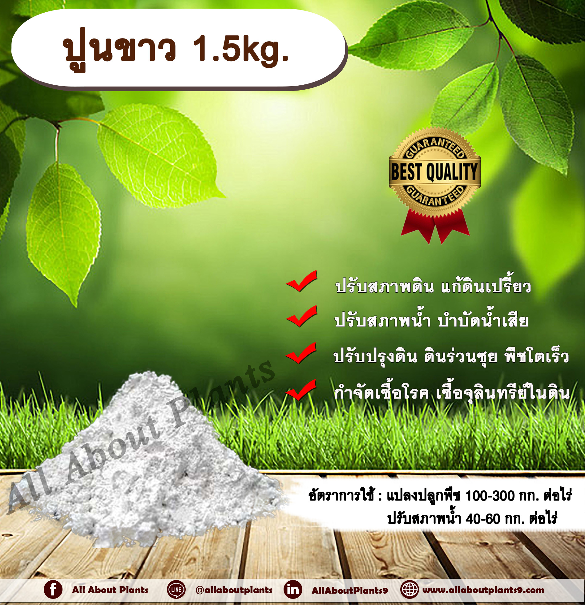 ปูนขาว 1.5kg. ปรับสภาพดิน ปรับสภาพน้ำ แก้ดินเปรี้ยว ดินเป็นกรด ปรับปรุงดิน พืชโตไว กำจัดเชื้อโรคในดิน กำจัดเชื้อราในดิน allaboutplants ชิ้น