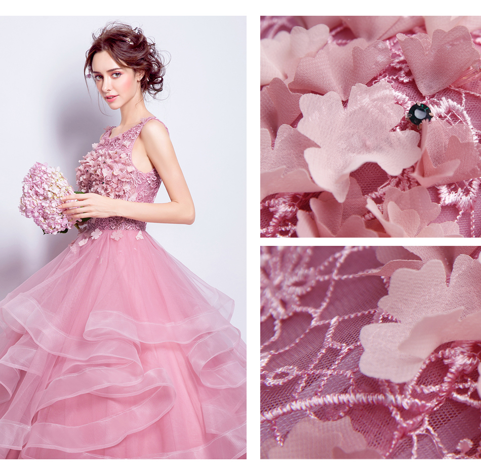 Pre-order ชุดแฟนซี ชุดเจ้าสาว ชุดราตรียาว สีชมพู แขนกุด แต่งผ้าลูกไม้ ประด้บด้วยดอกไม้สามมิติ กระโปรงเป็นชั้น พองสวย สไตล์เจ้าหญิง เชือกผูกหลัง