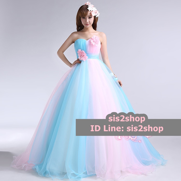 พร้อมเช่า ชุดแฟนซี ชุดราตรียาว สีฟ้า ชมพู สวยหวาน ผ้าโปร่งแต่งดอกไม้