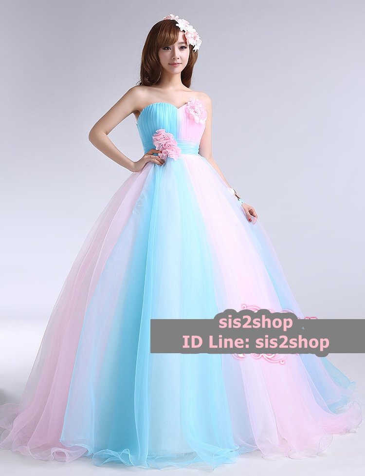 พร้อมเช่า ชุดแฟนซี ชุดราตรียาว สีฟ้า ชมพู สวยหวาน ผ้าโปร่งแต่งดอกไม้