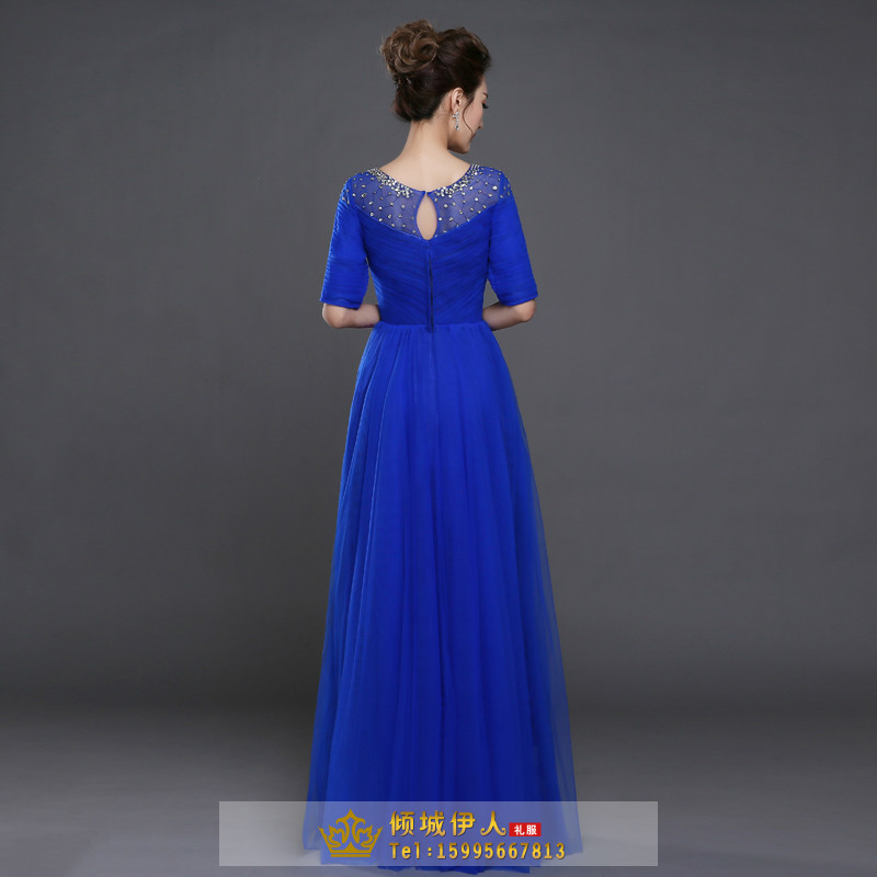 Pro-order ชุดราตรียาว แขนสั้น คอกลม ผ้าตาข่าย ปักเลื่อม จับจีบ ซิปหลัง ไซส์ใหญ่ XS-5XL