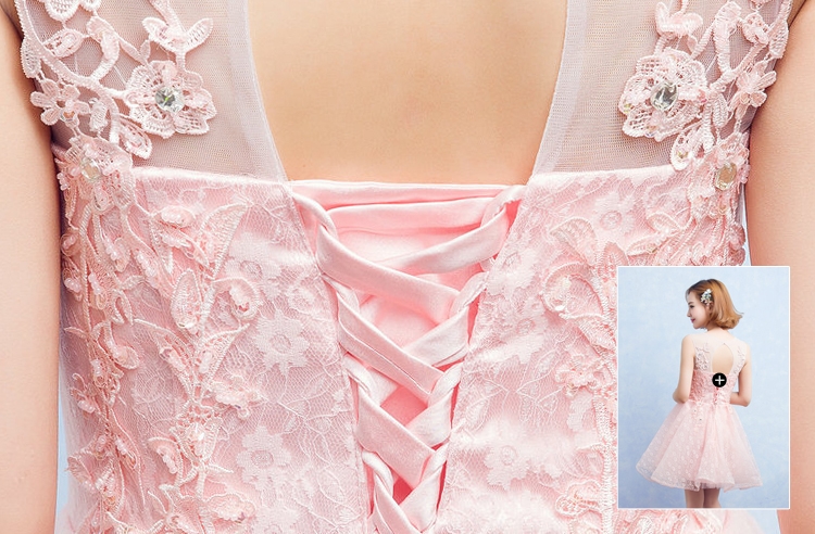 Pre-order ชุดราตรีสั้น แขนกุด คอกลม ปักดิ้นลูกไม้ ปักเลื่อม เชือกผูกหลัง สีชมพู