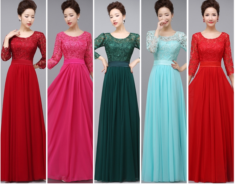 Pro-order ชุดราตรียาว แขนยาว แต่งผ้าลูกไม้ฉลุ ช่วงบน ผ้าซาตินคาดเอว กระโปรงชีฟอง ซิปหลัง ไซส์ใหญ่ XS-4XL