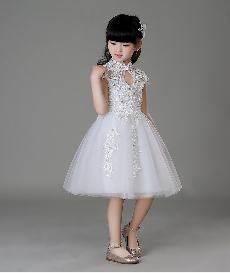 Pre-order ชุดราตรีเด็ก ชุดออกงาน ชุดกระโปรง สไตล์เจ้าหญิง แขนสั้น คอจีน เว้าตรงอก แต่งผ้าลูกไม้ กระโปรงตาข่าย มีซิปหลัง