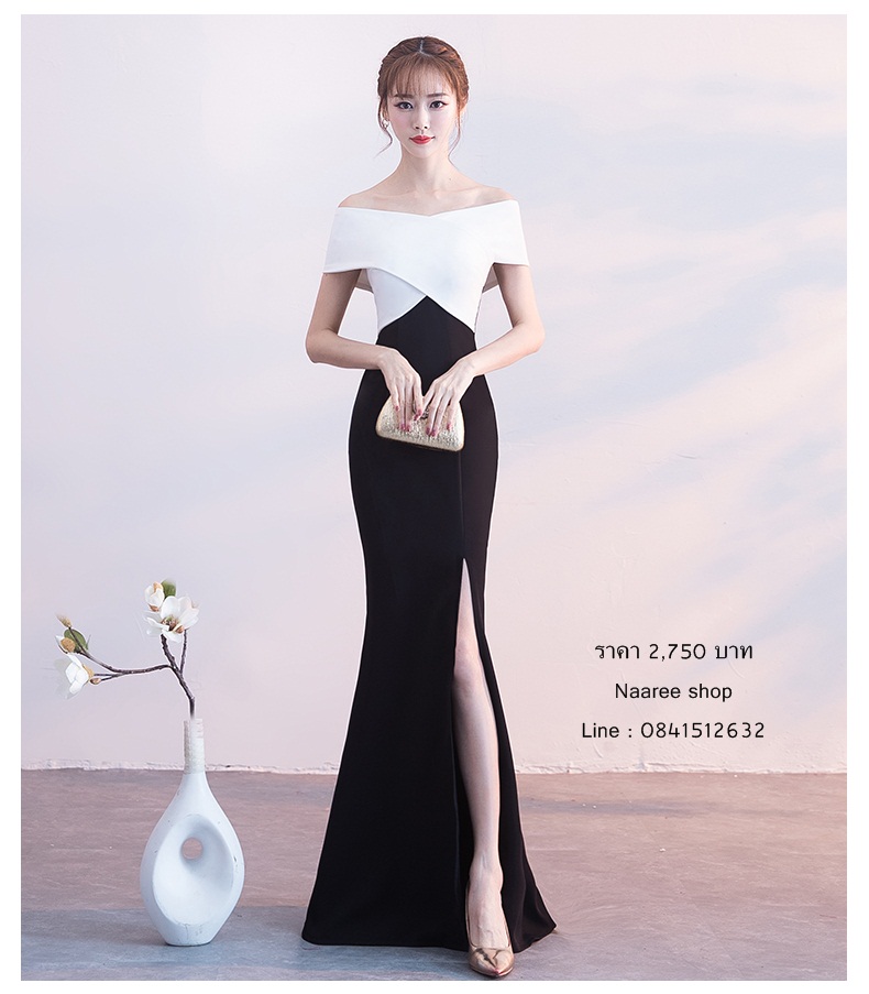 ชุดราตรียาวแบบไหล่ปาดสีทูโทน ทรงเข้ารูป แบบเก๋ (ซิปหลัง)