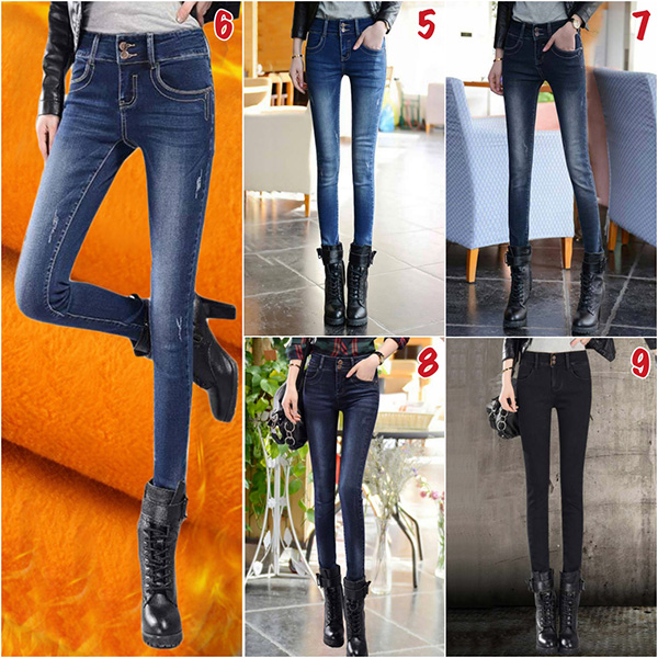 กางเกงยีนส์กันหนาวเอวปกติ ทรงสลิม ซับกำมะหยี่ใส่ติดลบได้ (11656X)
