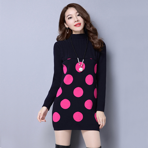 เดรสไหมพรมคอเต่า แขนยาว ถักลายวงกลม (12220B)