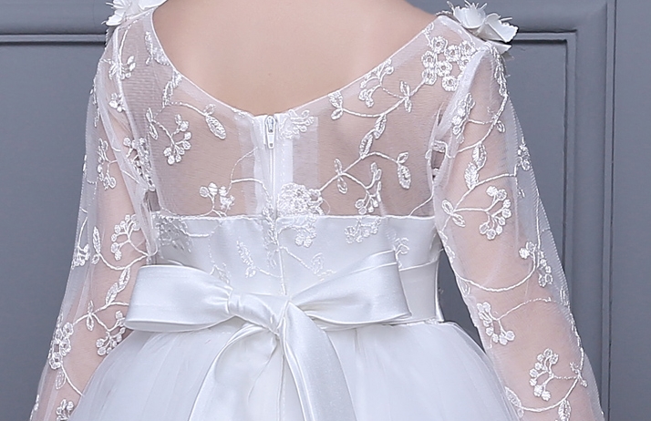 Pre-order ชุดราตรีเด็ก ชุดออกงาน ชุดกระโปรง สไตล์เจ้าหญิง แขนยาว คอกว้าง แต่งลูกไม้ กระโปรงตาข่ายฟู มีซิปหลัง