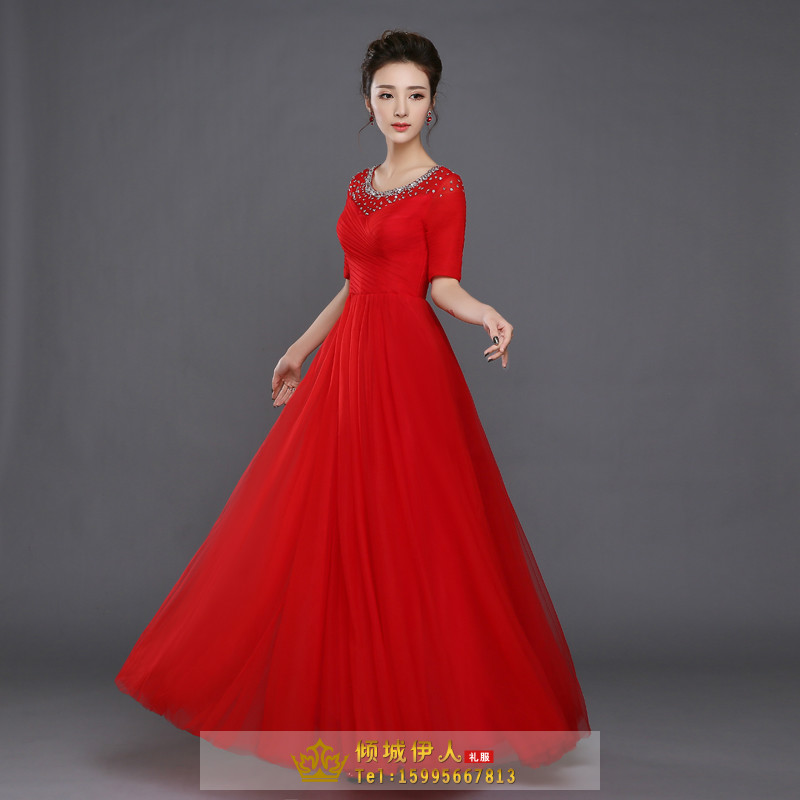 Pro-order ชุดราตรียาว แขนสั้น คอกลม ผ้าตาข่าย ปักเลื่อม จับจีบ ซิปหลัง ไซส์ใหญ่ XS-5XL