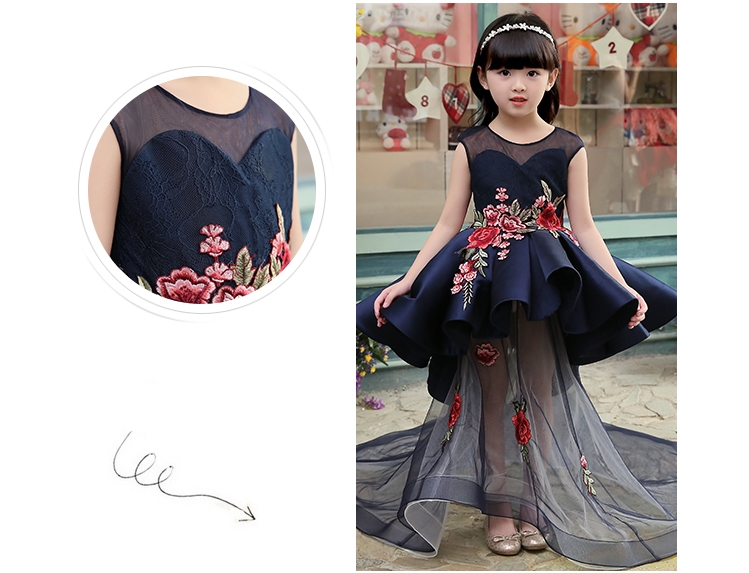Pre-order ชุดราตรีเด็ก ชุดออกงาน ชุดแฟนซี ชุดกระโปรง สไตล์เจ้าหญิง แขนกุด ผ้าลูกไม้ช่วงอก แต่งดอกไม้ช่วงเอว กระโปรงผ้าไหมดัชเชต ปล่อยชายยาว มีซิปหลัง