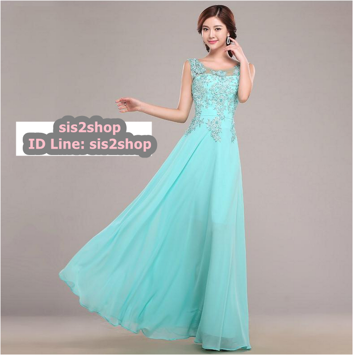 พร้อมส่ง ชุดราตรียาว ผ้าชีฟอง สีฟ้า ปักลูกไม้และแต่งลูกปัด สวยหรู