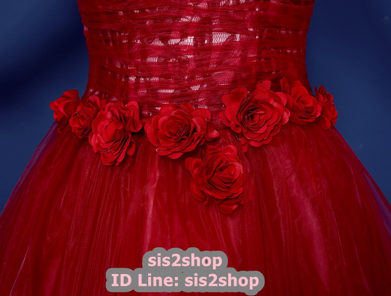 พร้อมเช่า ชุดแฟนซี ชุดราตรียาว สีแดง ไหล่เฉียง ตัวชุดเป็นผ้าแก้ว แต่งดอกสวย ไหล่ซ้ายมีโบว์ เชือกผูกหลัง