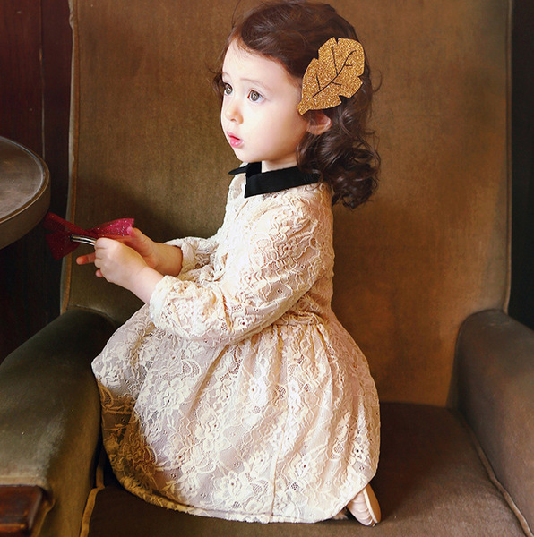 Pre-Order ชุดราตรีเด็ก สไตล์เกาหลี แขนยาว ลูกไม้ คอปก สีเบจ สีดำ