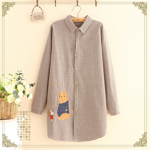 เดรสเชิ้ตลายสก็อต แขนยาว ปักลายวินเทจ (12142LM)