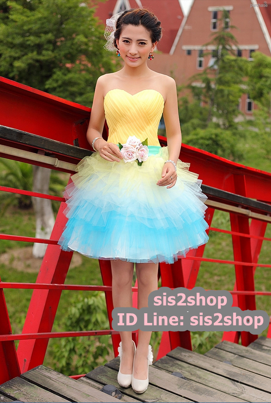 พร้อมเช่า ชุดแฟนซี ชุดราตรีสั้น สีเหลือง เกาะอก จับจีบ กระโปรงเป็นชั้น พองสวย