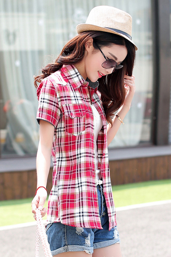 เสื้อเชิ้ตลายสก็อต แขนสั้น แต่งกระเป๋าอก (11565AL)