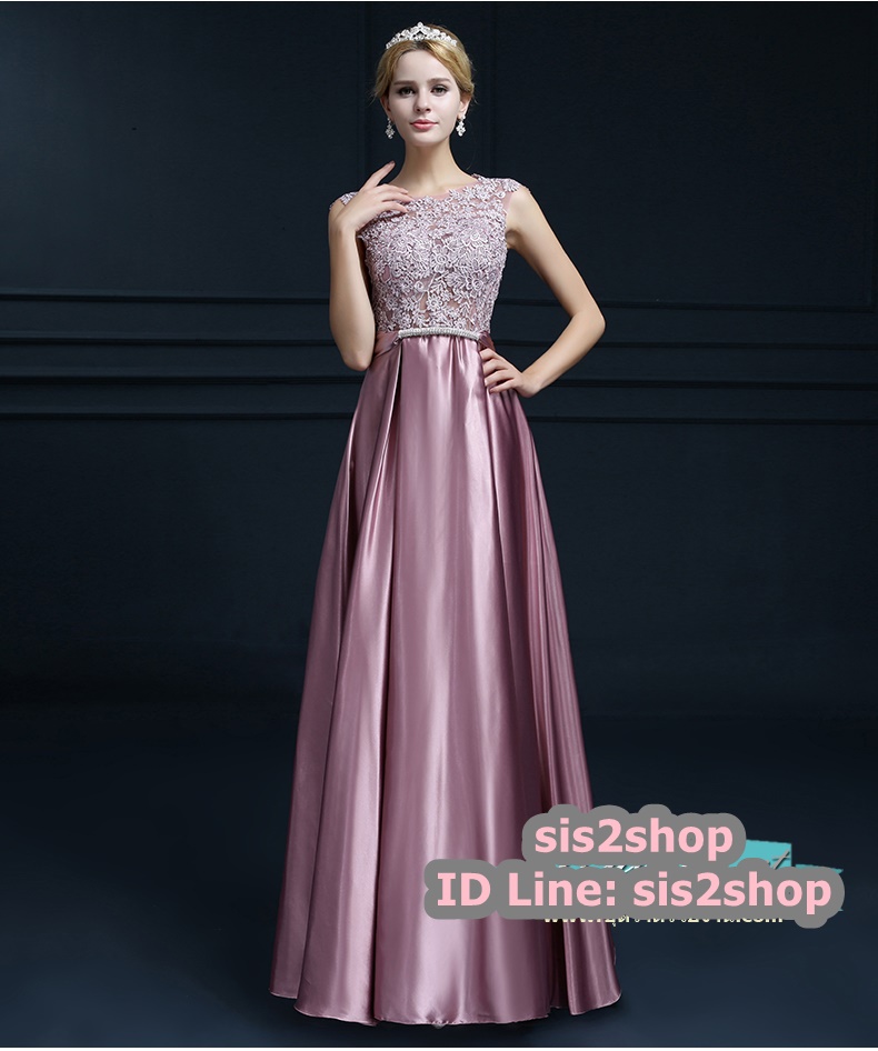 พร้อมส่ง ชุดราตรียาว แขนกุด สีชมพูอมม่วง อกแต่งลูกไม้ กรโปรงเนื้อผ้ามัน คาดเอวคริสตัล เซ็กซี่ผ้าหลัง เพิ่มเข็มกลัดโบว์ช่วงหลัง