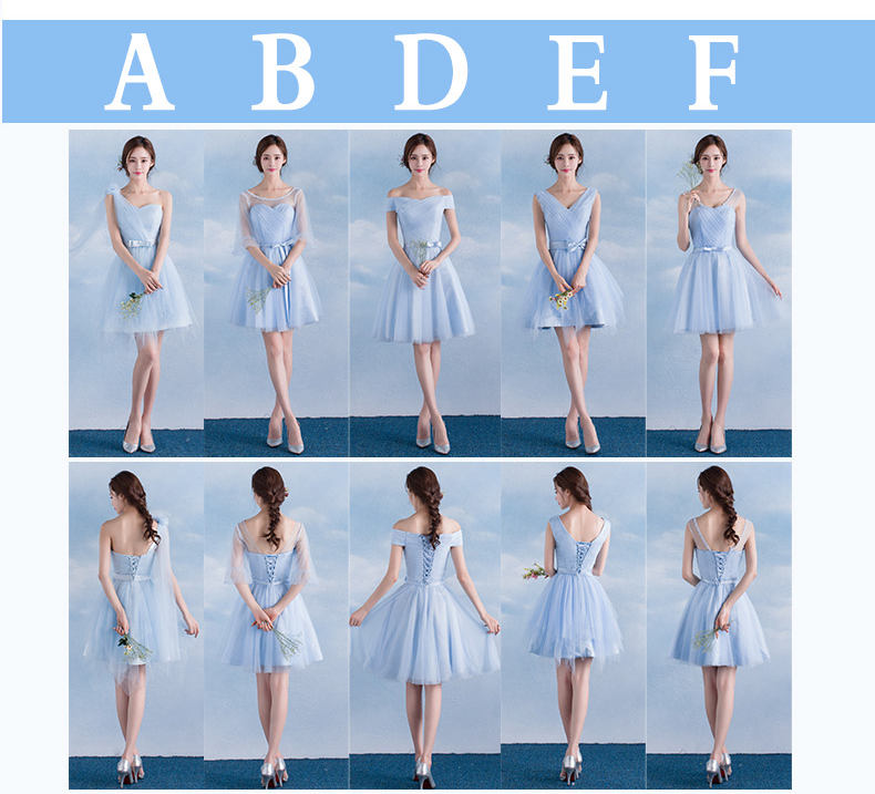 Pre-order ชุดราตรีสั้น เพื่อนเจ้าสาว กระโปรงตาข่าย มีหลายแบบ สีฟ้า (เชือกผูกหลัง)