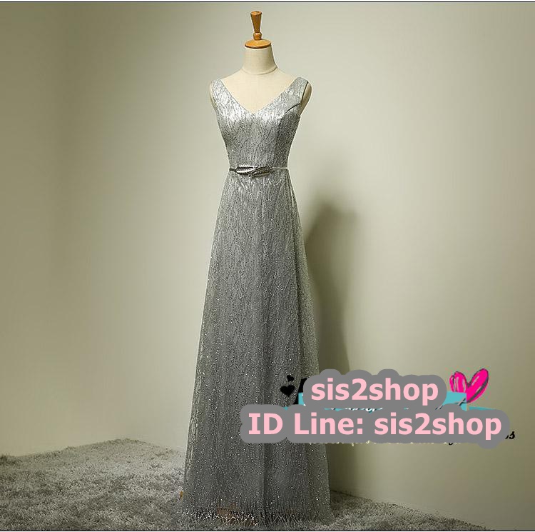 พร้อมส่ง ชุดราตรียาว แขนกุด สีเทาเงิน แต่งเกล็ดสีเงิน ระยิบระยับ มาพร้อมเข็มขัดรูปใบไม้สีเงินเข้าชุด