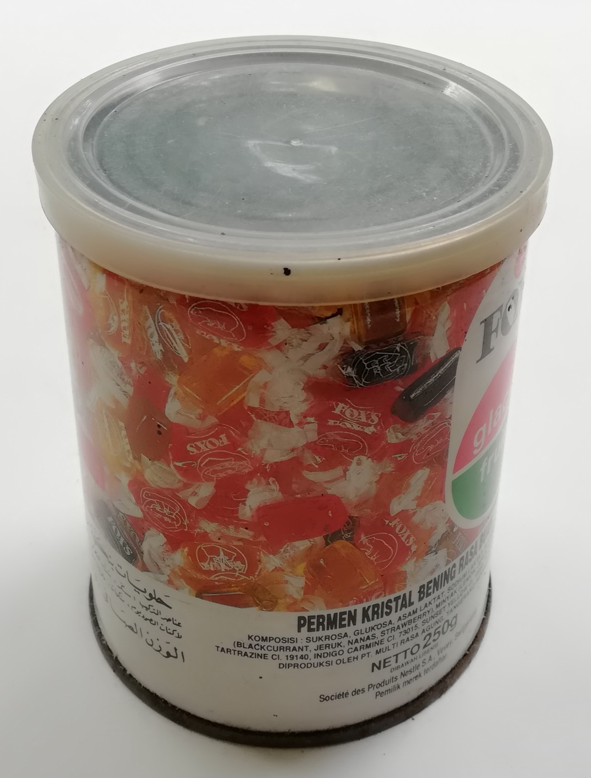 ของสะสม กล่องสังกะสี (กล่องโลหะ) กระป๋องลูกอม ตรา FOX'S glacier fruits,crystal clear sweet ทรงกระบอก เส้นผ่าศุนย์กลางประมาณ 3.5" สูงประมาณ 4.5"