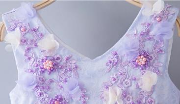 Pre-order ชุดแฟนซี ชุดราตรีเด็ก แขนกุด แต่งดอกไม้ ปักดิ้นช่วงบน กระโปรงผ้าแก้วแต่งระบาย ซิปหลัง สวยหวาน