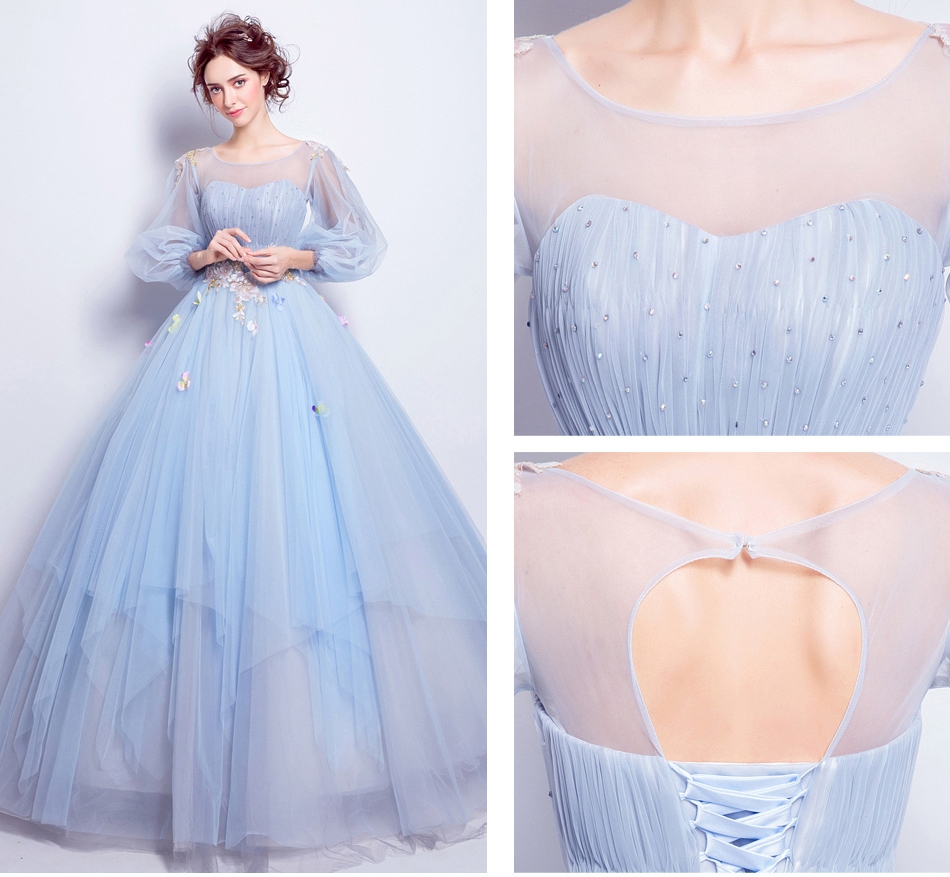 Pre-order ชุดแฟนซี ชุดเจ้าสาว ชุดราตรียาว สีฟ้า แขนโคมไฟ กระโปรงพองสวย เชือกผูกหลัง