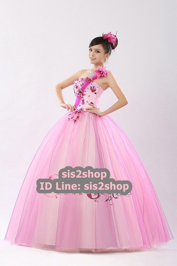 พร้อมเช่า ชุดแฟนซี ชุดราตรียาว สีชมพูหวาน เกาะอก ไหล่เดียว ปักเลื่อมสีอัญมณี ซิปหลัง