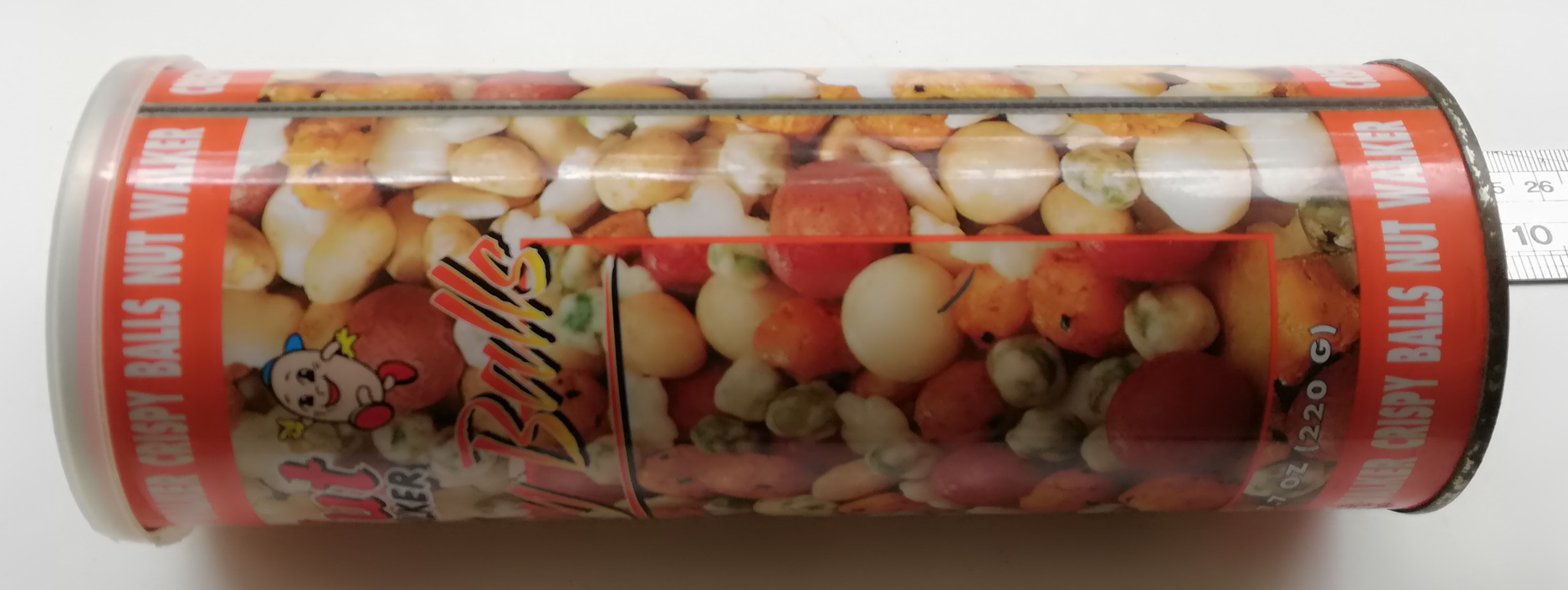 ของสะสม กล่องสังกะสี (กล่องโลหะ) กระป๋องถั่วรวม NUT WALKER,CRISPY BALLS กระป๋องทรงกระบอกสีส้ม ลายถั่ว เส้นผ่าศุนย์กลางประมาณ 3" ความสูงประมาณ 8" พร้อมฝา