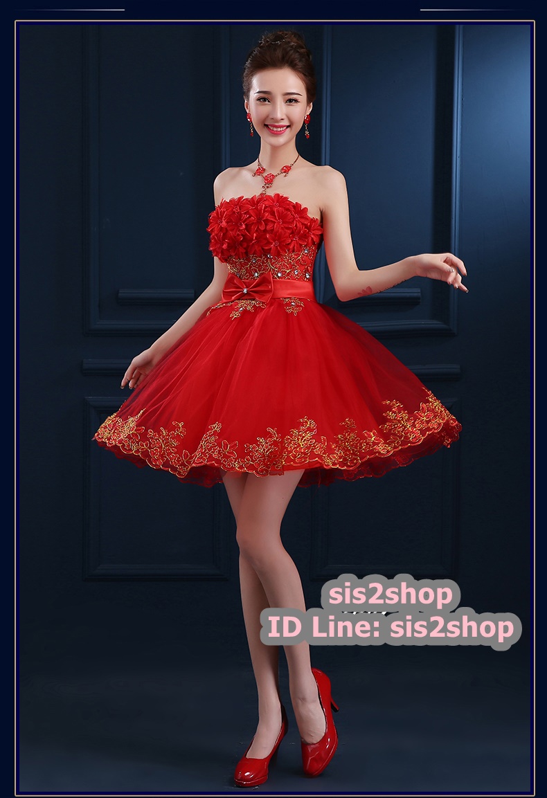 พร้อมส่ง ชุดราตรีสั้น เกาะอก แต่งดอกช่วงอก ผ้าตาข่ายปักเลื่อม แต่งโบว์คริสตัลช่วงเอว สีแดง