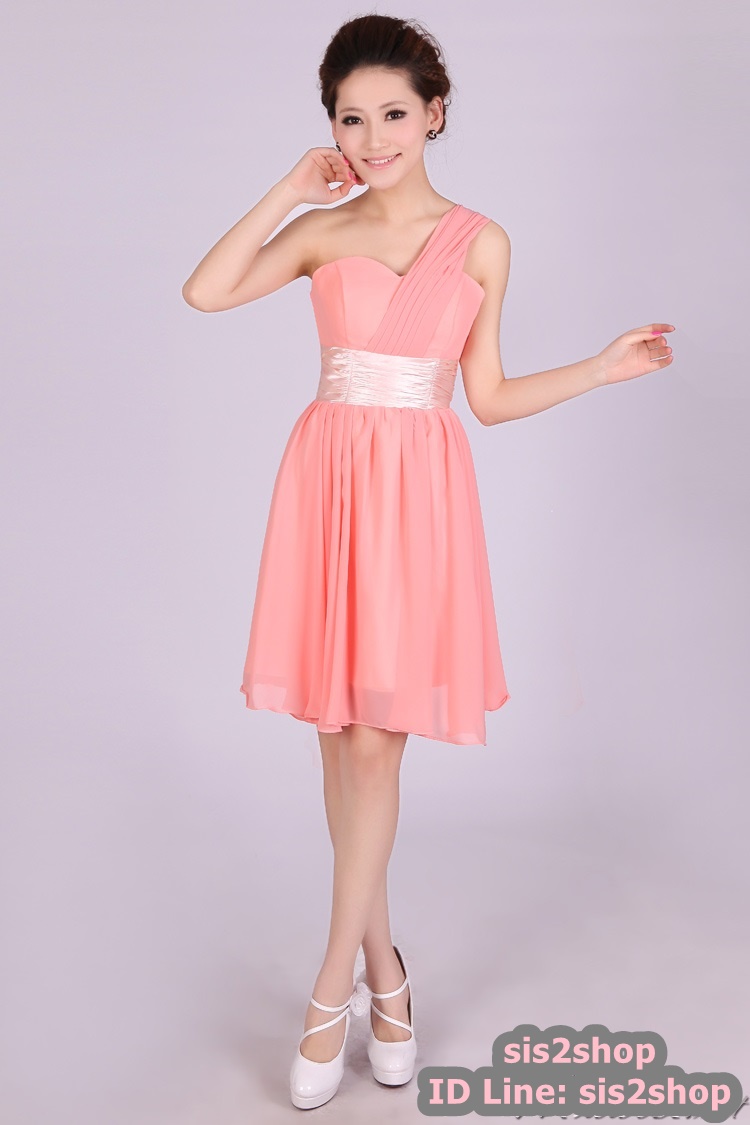 พร้อมส่ง ชุดราตรีสั้น บ่าเฉียง สีโอรส คอเว้า Sweet Heart คาดเอวผ้าซาติน