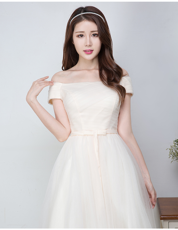 Pre-order ชุดราตรีสั้น ไหล่ปาด อัดพลีท แต่งโบว์คาดเอว กระโปรงตาข่าย เชือกผูกหลัง