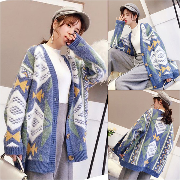 Premium Cardigan เสื้อคลุมไหมพรมขนนุ่ม คอวี ถักลายสไตล์วินเทจ (12273B)