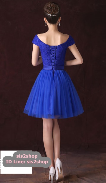 พร้อมส่ง ชุดราตรีสั้น ชุดเพื่อนเจ้าสาว แบบ F ไหล่ปาด อกแต่งลูกไม้ พร้อมเข็มกลัดดอกไม้ (เชือกผูกหลัง