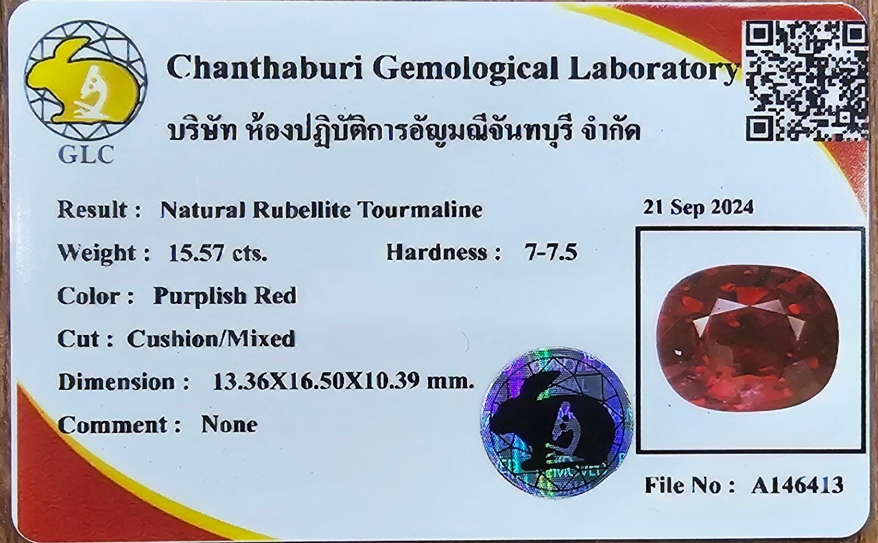 พลอย รูเบลไลต์ ทัวร์มาลีน Rubellite Tourmaline 15.57 กะรัต (Cts.) ดิบ พร้อมใบเซอร์ พลอยแท้ อัญมณีมงคลประจําวันเกิด เครื่องประดับพลอย