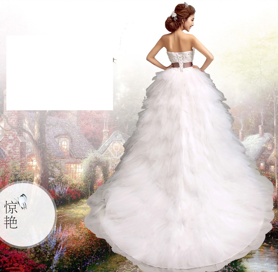 Pre-order ชุดแฟนซี ชุดเจ้าสาว ชุดราตรี สีขาว เกาะอก หน้าสั้นหลังยาว เชือกผูกหลัง