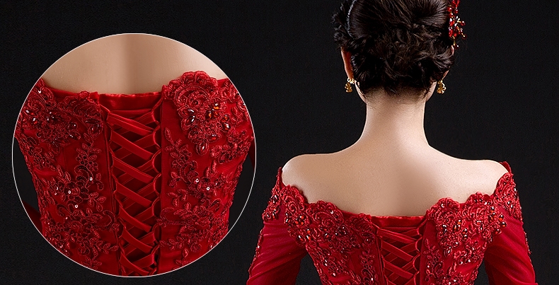 Pro-order ชุดราตรี แบบปาดไหล่ ตัวชุดลูกไม้ปักดิ้น กระโปรงตาข่าย เชือกผูกหลัง